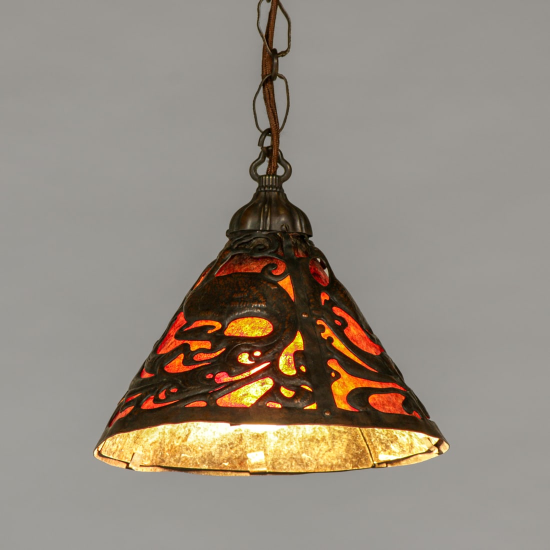 California Arts & Crafts Hammered Copper Peacock Repousse Cutout Hanging Light c1910: California Arts & Crafts Hammered Copper Peacock Repousse Cutout Hanging Light c1910. Probably a student of Douglas Donaldson at the Throop Polytechnic School in Pasadena. Unsigned. Excellent new