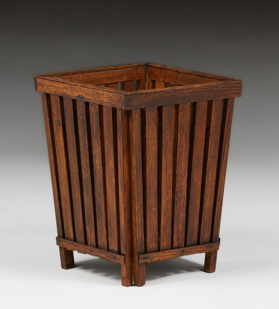 Grand Rapids Oak Slatted Waste Basket c1910: Grand Rapids Oak Slatted Waste Basket c1910. Unsigned. Excellent original finish. 17.25"h x 13" x 13" FREE NATIONWIDE SHIPPINGFree Nationwide Shipping within the lower 48 states for all purchases at
