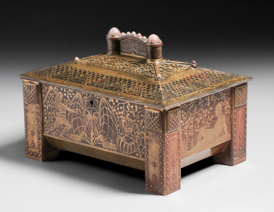 Important Erhard & Sohne - German Arts & Crafts Mahogany & Brass Jewelry Casket c1905: Important Erhard & Sohne - German Arts & Crafts Mahogany & Brass Jewelry Casket c1905. Agate cabochons and German folklore motifs. Unsigned. Excellent original patina. Erhard & Sohne was granted the