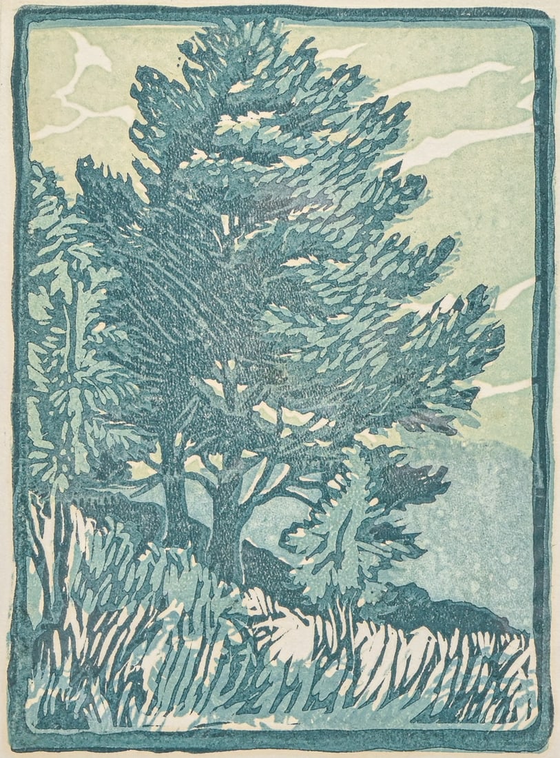 Mary A. Pearson Color Woodcut: Trees & Mountains (Blue) c1925: Mary A. Pearson Color Woodcut: Trees & Mountains (Blue) c1925. Signed. Excellent condition. 8.5"h x 6"w. Frame 15"h x 12"w FREE NATIONWIDE SHIPPINGFree Nationwide Shipping within the lower 48 states