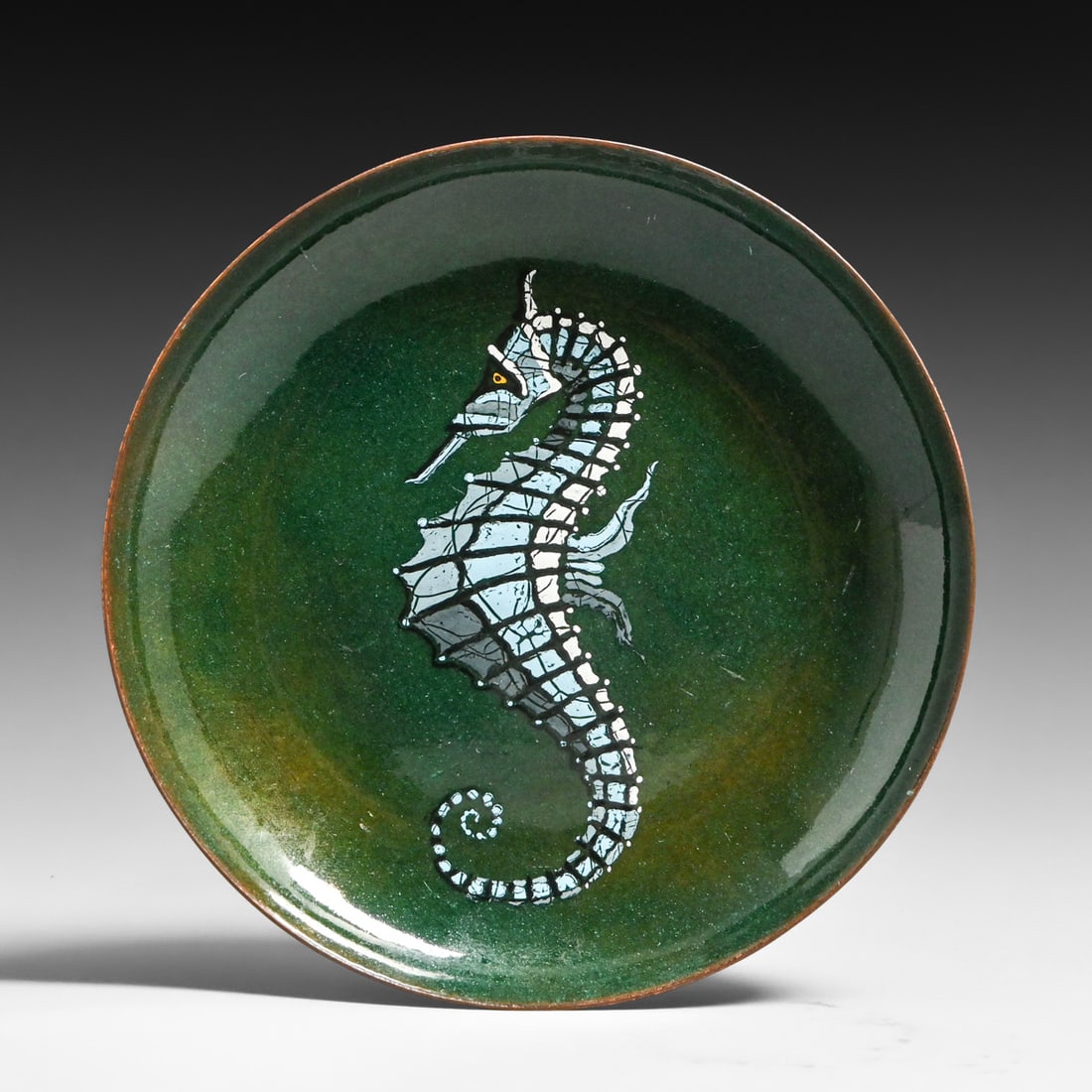Nekrasoff Hammered Copper & Enamel Seahorse Tray c1940s: Nekrasoff Hammered Copper & Enamel Seahorse Tray c1940s. Signed. Aged patina. Enamel in excellent condition. FREE NATIONWIDE SHIPPINGFree Nationwide Shipping within the lower 48 states for all