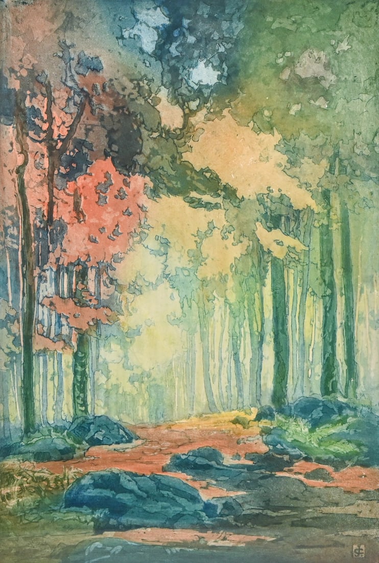 John Wesley Cotton (1869-1931) Color Etching & Aquatint "Autumn Woodlands" c1925: John Wesley Cotton (1869-1931) Color Etching & Aquatint "Autumn Woodlands" c1925. Signed. Excellent condition. 16.25"h x 11"w. Frame 24.5"h x 19"w FREE NATIONWIDE SHIPPINGFree Nationwide Shipping