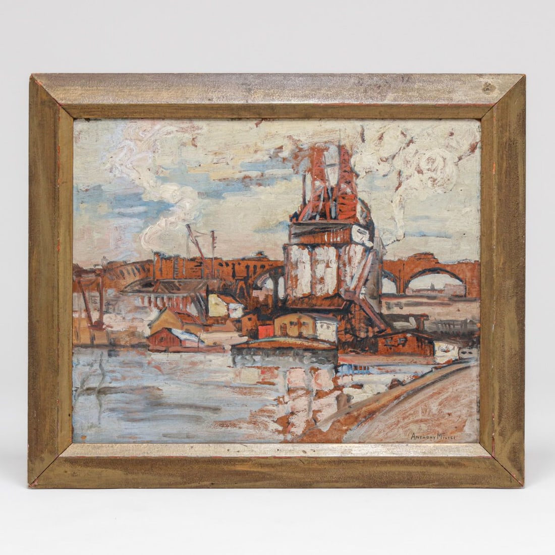 Anthony Milici (1895-1964) WPA Era "Industrial Waterfront" 1934: Anthony Milici (1895-1964) WPA Era "Industrial Waterfront" 1934. Milici was a Connecticut based artist so the painting may be of Brooklyn or New Haven, CT in the mid 1930s. Signed. Excellent