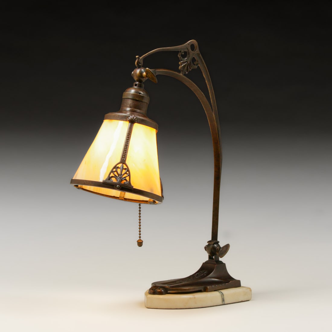 Arts & Crafts Period Bronze, Marble & Curved Glass Desk Lamp c1910 (1 of 8)