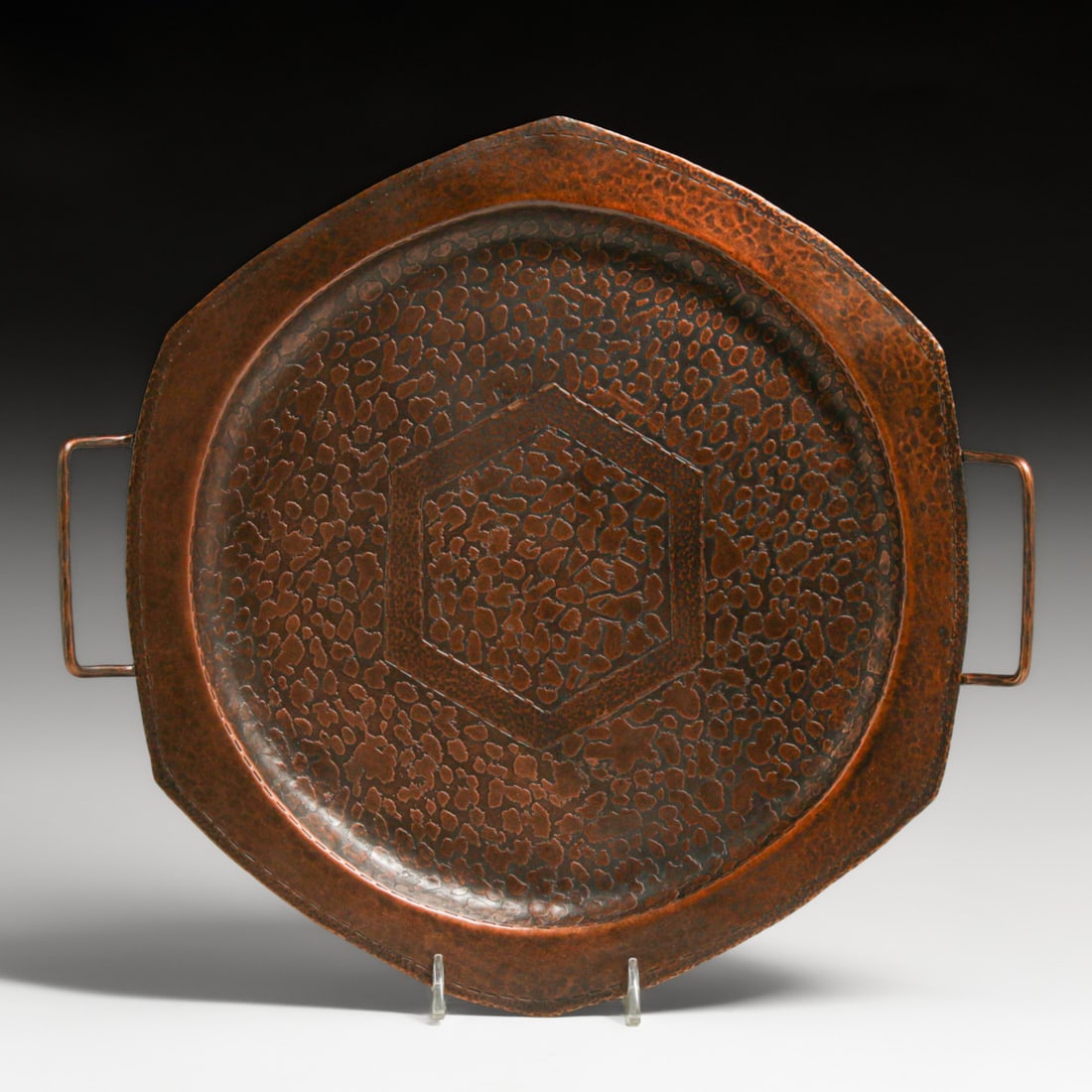 Arts & Crafts Period Hammered Copper Acid-Etched Two-Handled Tray c1920s: Arts & Crafts Period Hammered Copper Acid-Etched Two-Handled Tray c1920s. Similar to Roycroft. Unsigned. Excellent new patina. 13"w x 12"d FREE NATIONWIDE SHIPPING Free Nationwide Shipping within the