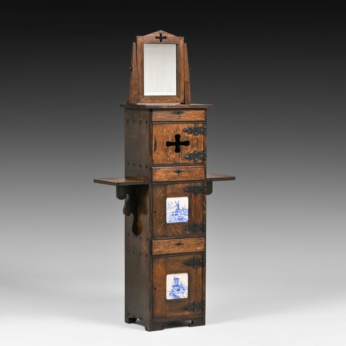 Shop of the Crafters Tall Oak & Delft Tile Shaving Stand c1905: Shop of the Crafters Tall Oak & Delft Tile Shaving Stand c1905. Unsigned. Excellent original finish. 66.5"h x 30.5"w with shelfs up x 13"d FREE NATIONWIDE SHIPPINGFree Nationwide Shipping within the