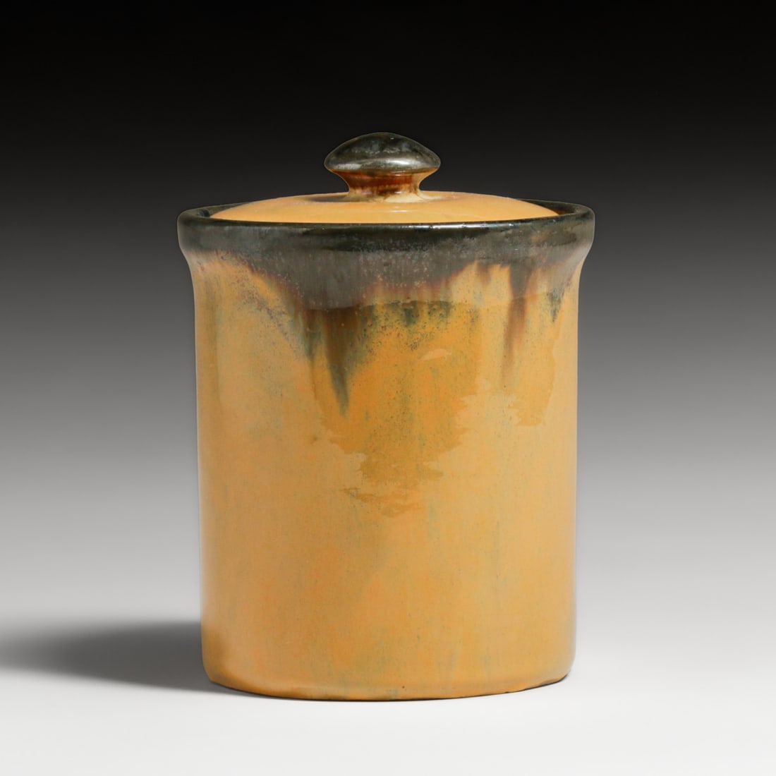 Fulper Pottery Orange & Mirror Black Flambe Humidor c1917-1920: Fulper Pottery Orange & Mirror Black Flambe Humidor c1917-1920. Signed. Perfect condition. 6.25"h x 4.5"d FREE NATIONWIDE SHIPPINGFree Nationwide Shipping within the lower 48 states for all