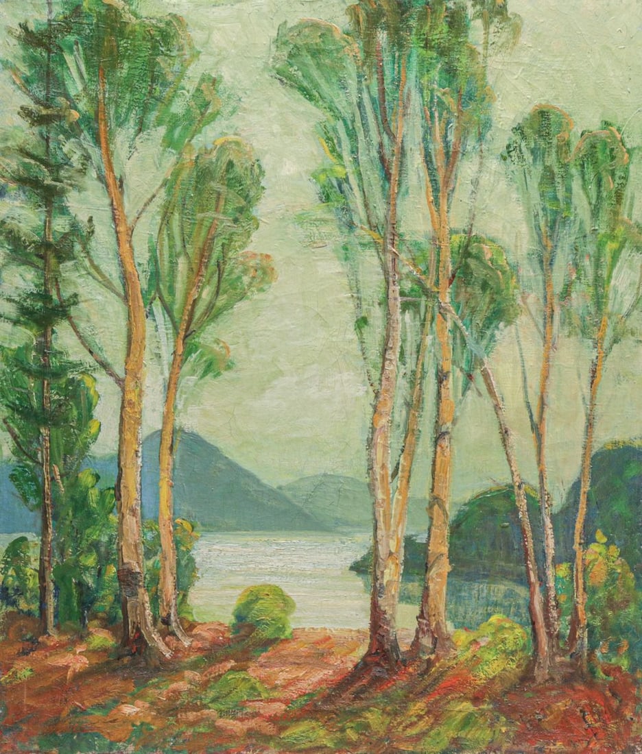 Carl Gustaf Theodore Olson (1875 - 1952) New England Landscape Lakeside Poplars c1920s: Carl Gustaf Theodore Olson (1875 - 1952) New England Landscape Lakeside Poplars c1920s. Came from the Olson Family Estate. Olson was a Swedish American artist active in Massachusetts and Michigan.