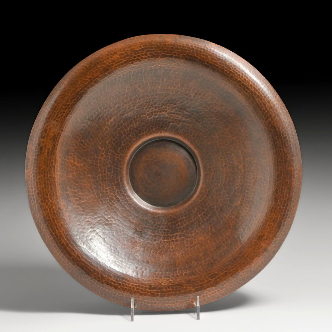 Harry St John Dixon Hammered Copper Charger after 1925: Harry St John Dixon Hammered Copper Charger after 1925. Signed. Excellent new patina. 2.5"h x 16"d FREE NATIONWIDE SHIPPING Free Nationwide Shipping within the lower 48 states for all purchases at our