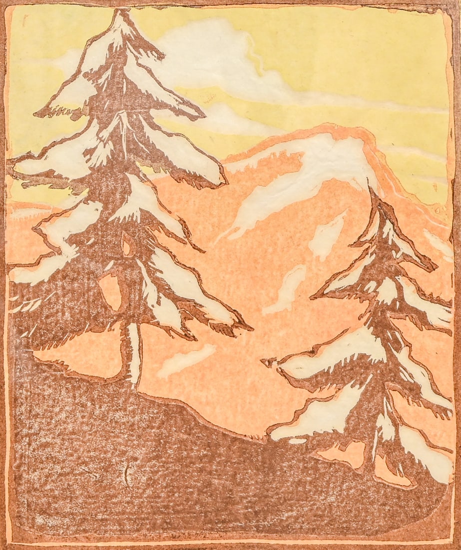 Edna G. Parker Color Woodcut: Snow Capped Mountains with Trees (Orange) 1937: Edna G. Parker Color Woodcut: Snow Capped Mountains with Trees (Orange) 1937. Signed. Excellent condition. 6.5"h x 5.5"w. Frame 15"h x 12"w FREE NATIONWIDE SHIPPINGFree Nationwide Shipping within
