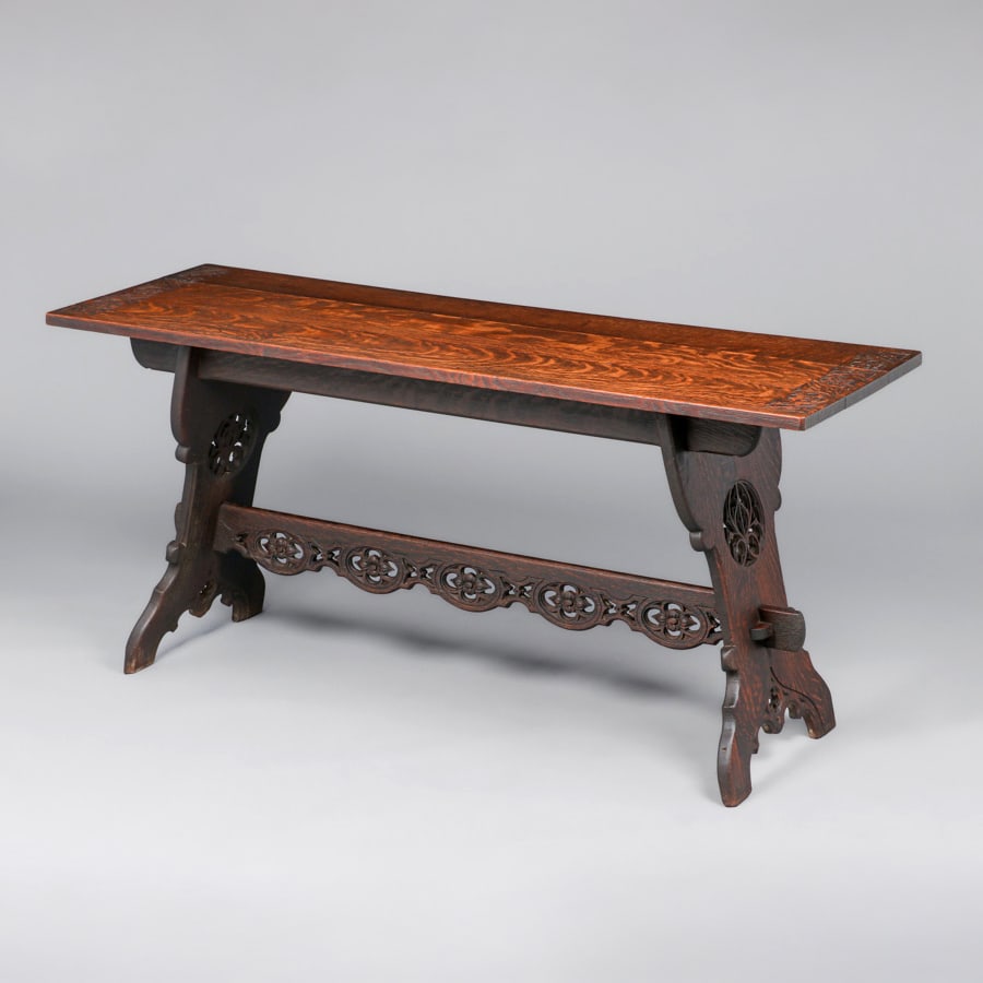 Rose Valley (attributed) Hand-Carved Gothic Oak Trestle Table c1905: Rose Valley (attributed) Hand-Carved Gothic Oak Trestle Table c1905. Unsigned. Excellent original finish. 66"w x 22"d x 30"h FREE NATIONWIDE SHIPPINGFree Nationwide Shipping within the lower 48