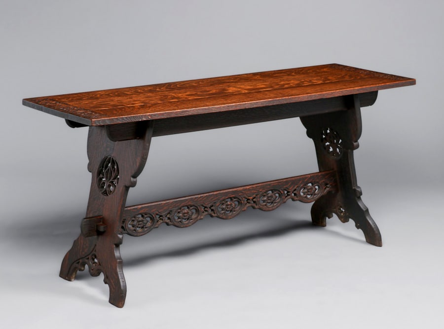 Rose Valley (attributed) Hand-Carved Gothic Oak Trestle Table c1905 - 2