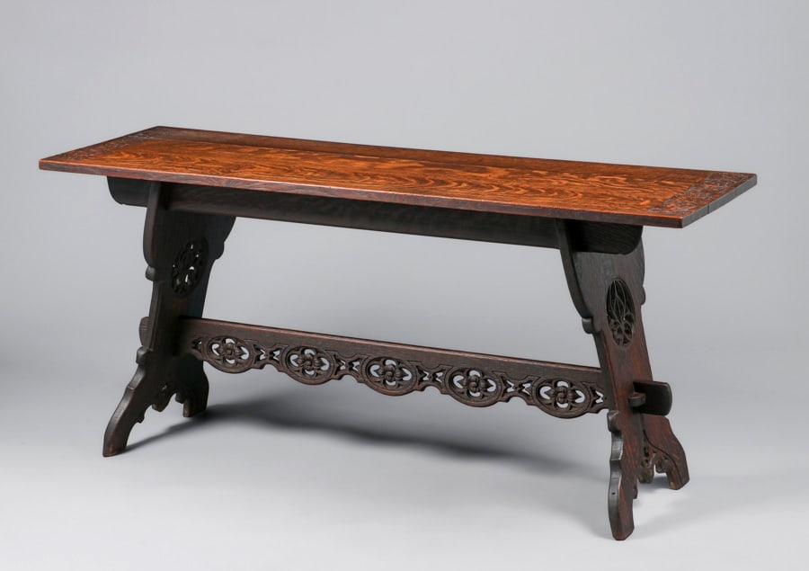 Rose Valley (attributed) Hand-Carved Gothic Oak Trestle Table c1905 - 3