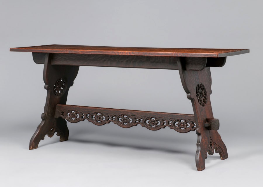 Rose Valley (attributed) Hand-Carved Gothic Oak Trestle Table c1905 - 4