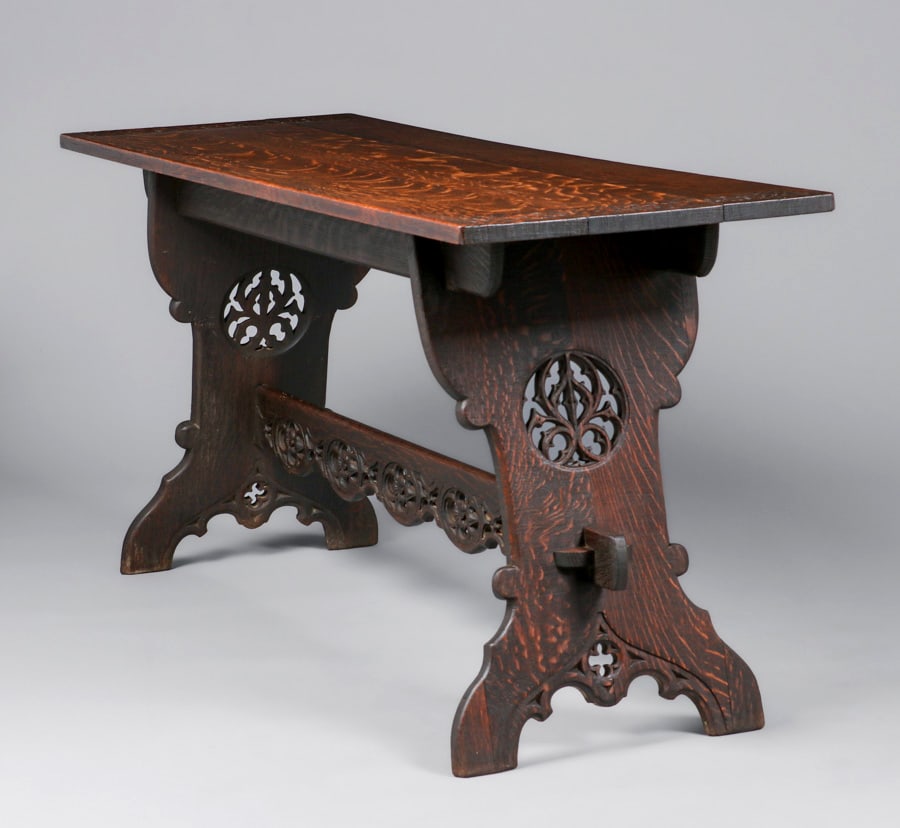 Rose Valley (attributed) Hand-Carved Gothic Oak Trestle Table c1905 - 5