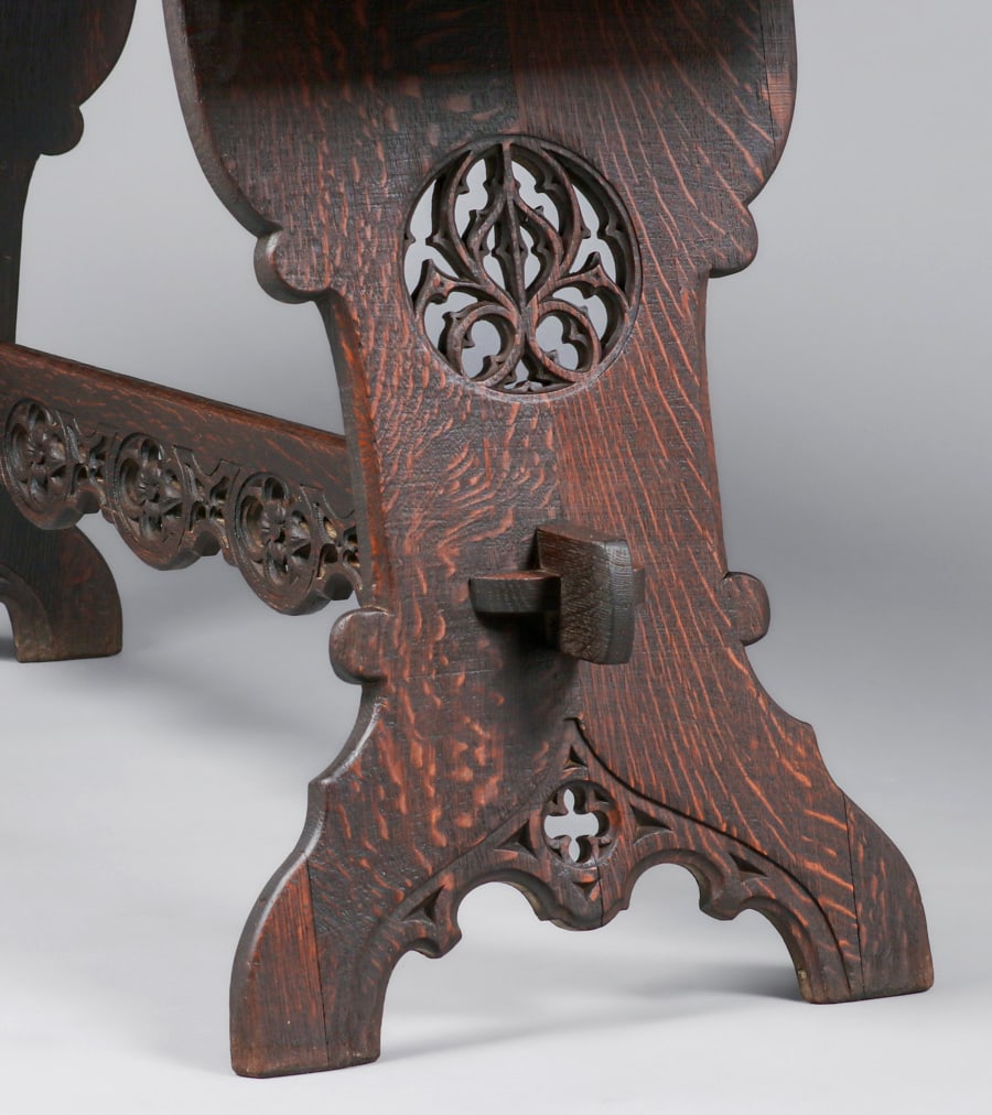 Rose Valley (attributed) Hand-Carved Gothic Oak Trestle Table c1905 - 7