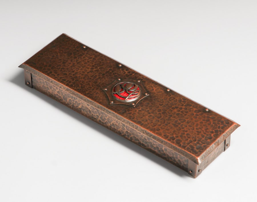 English Arts & Crafts Hammered Copper & Enamel Box c1900s: English Arts & Crafts Hammered Copper & Enamel Box c1900s. Unsigned. Excellent new patina. 13"w x 3 7/8" x 2"h FREE NATIONWIDE SHIPPINGFree Nationwide Shipping within the lower 48 states for all