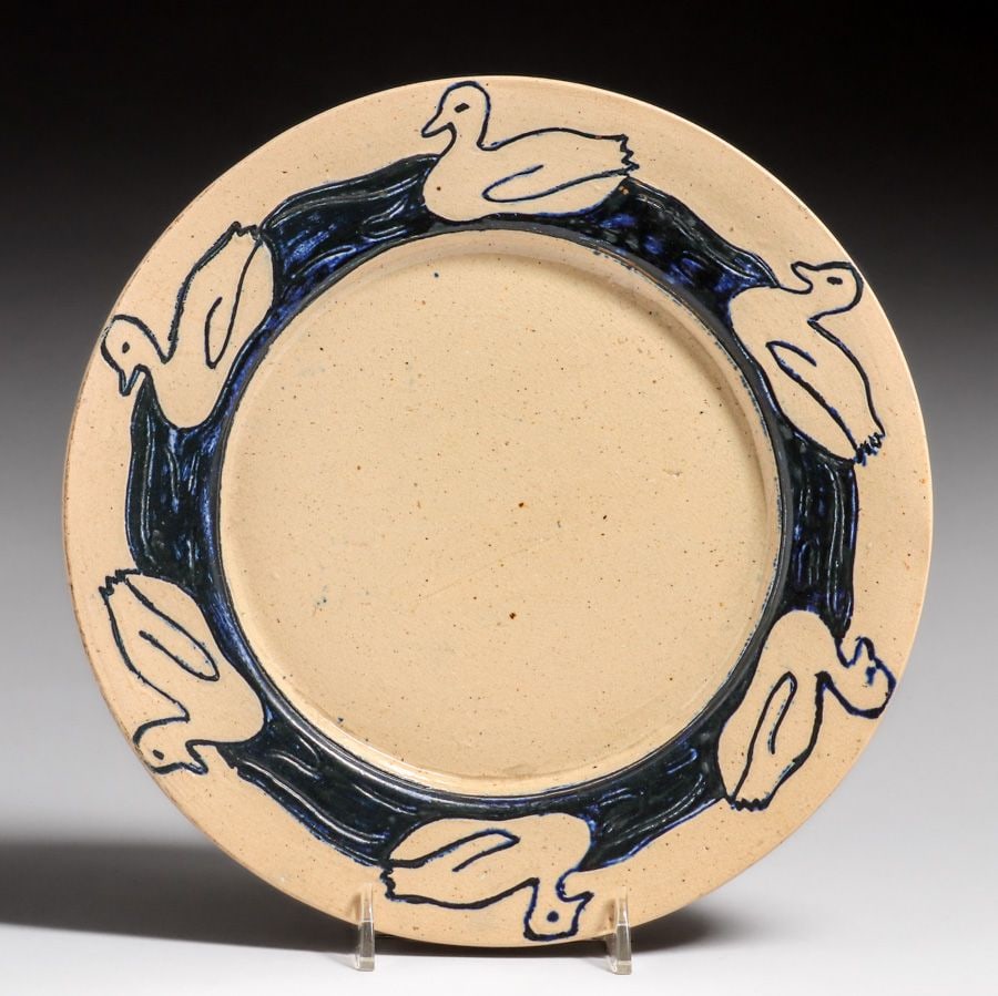 Early Pewabic Pottery Iridescent Blue & White Duck Plate c1905: Pewabic Pottery Iridescent Blue & White Duck Plate c1905. Signed "PEWABIC" and with glaze notation "Thin Ez White". Perfect condition. 8 7/8"d. FREE NATIONWIDE SHIPPINGFree Nationwide Shipping