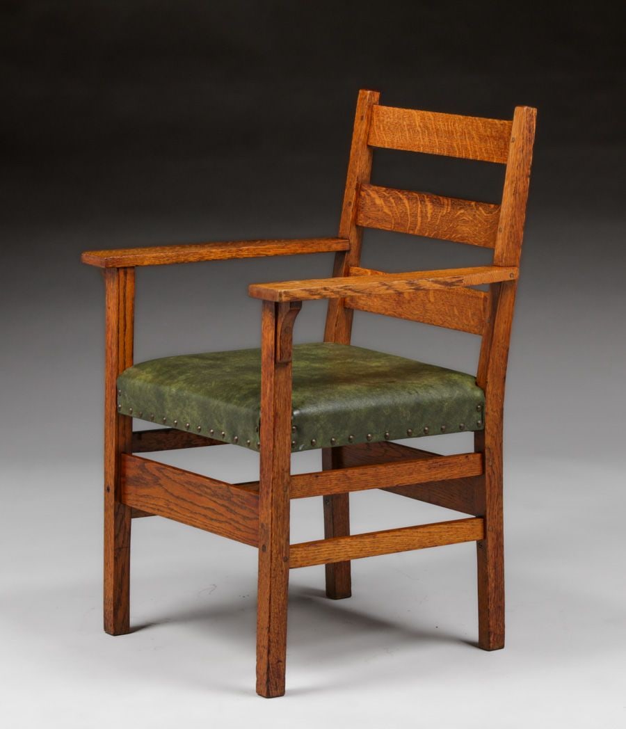 Gustav Stickley #306A Ladderback Armchair c1910: Gustav Stickley #306A Ladderback Armchair c1910. Unsigned. Old refinish. Rock solid sturdy. FREE NATIONWIDE SHIPPING Free Nationwide Shipping within the lower 48 states for all purchases at our Two-Da