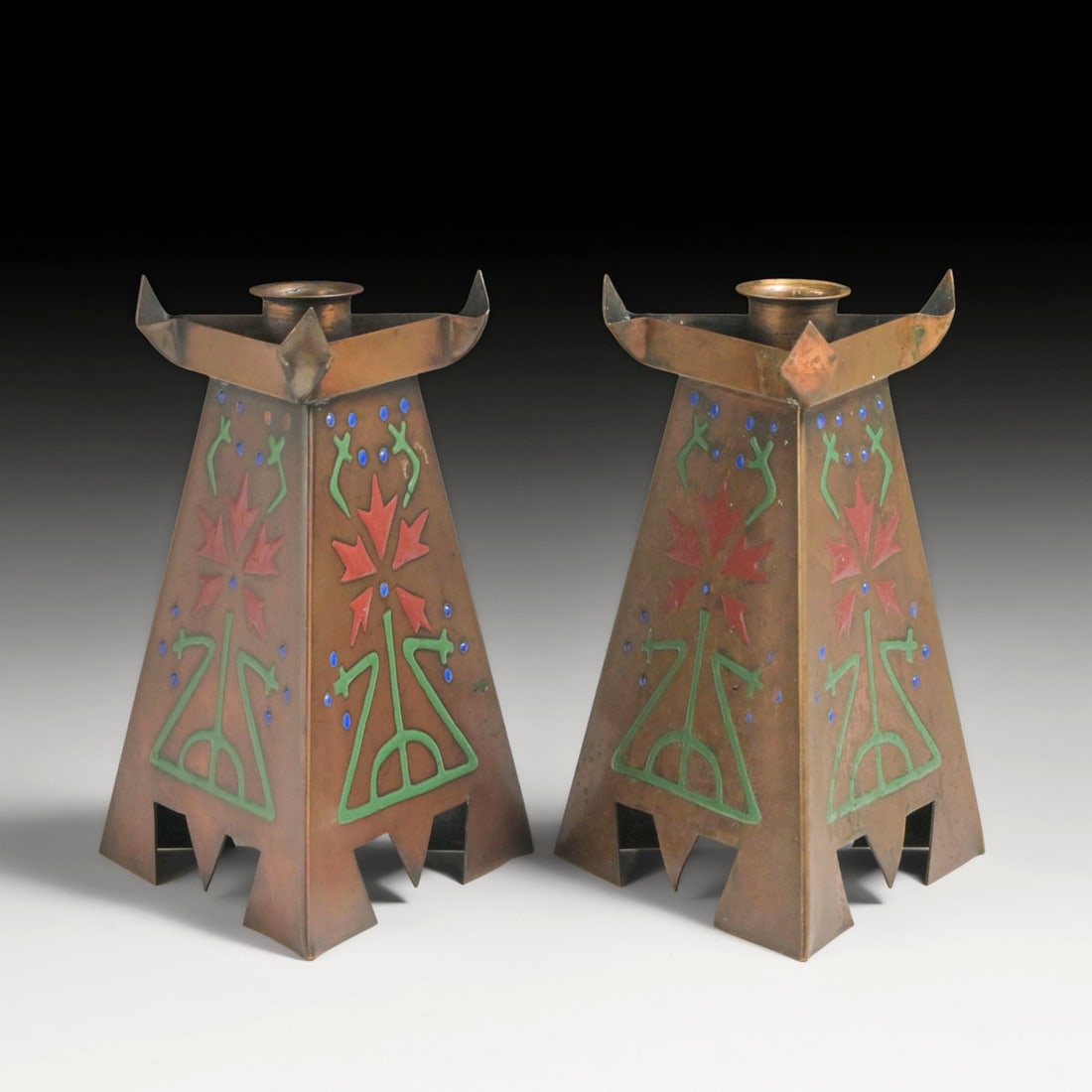 Art Crafts Shop - Buffalo Pair Copper & Enamel Candlesticks c1905: Art Crafts Shop - Buffalo Pair Copper & Enamel Candlesticks c1905. Unsigned. Excellent original patina. Original enamel in excellent condition. 7.5"h x 5.75"w x 5.5"d FREE NATIONWIDE SHIPPINGFree