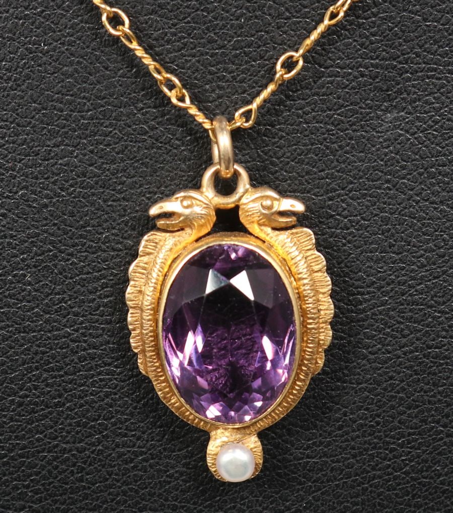 Egyptian Revival 14k Gold & Amethyst Pendant Necklace c1920s (1 of 4)