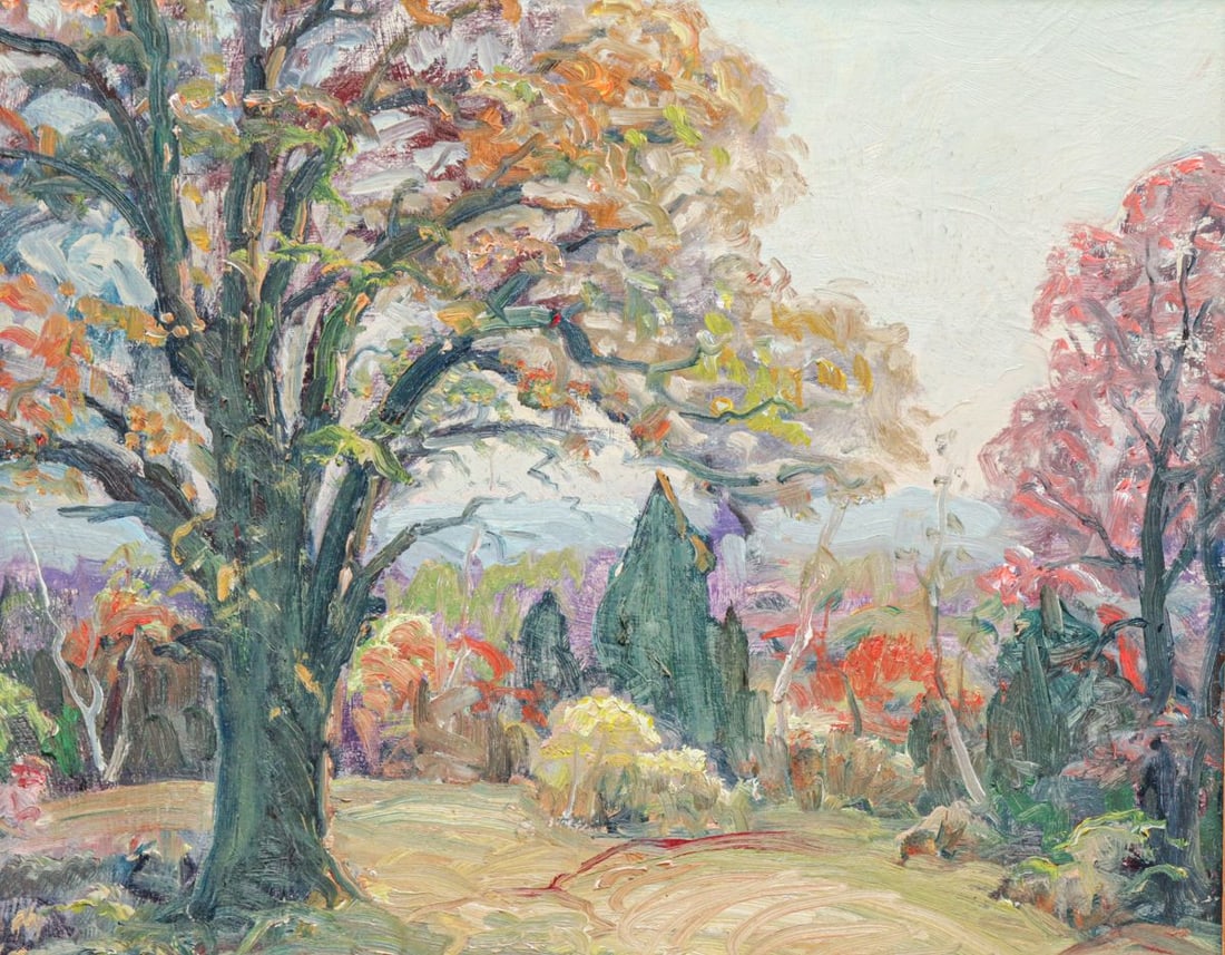 Carl Gustaf Theodore Olson (1875 - 1952) New England Oak Tree Painting c1920s: Carl Gustaf Theodore Olson (1875 - 1952) New England Oak Tree Painting c1920s. Oil painting on board. Came from the Olson Family Estate. Olson was a Swedish American artist active in Massachusetts