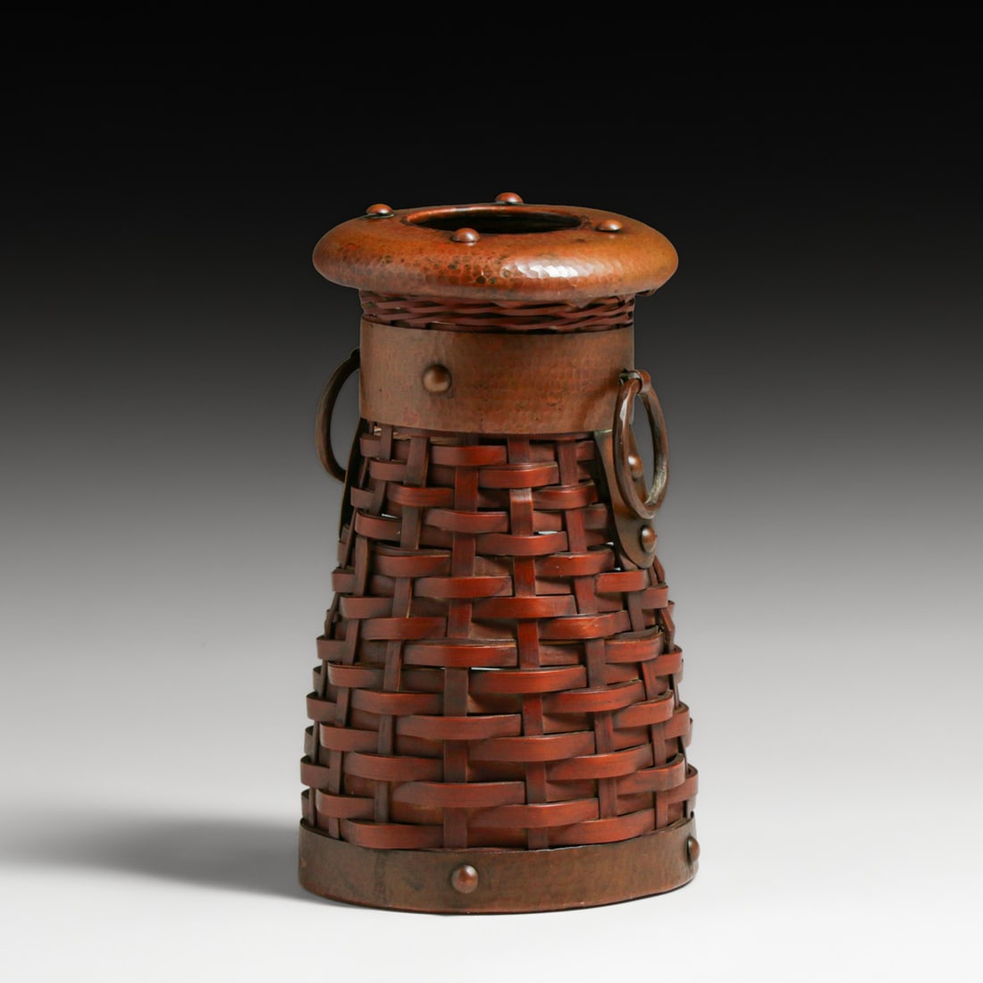 Dirk van Erp Hammered Copper & Japanese Hand-Woven Bamboo Basket Vase c1917-1920: Dirk van Erp Hammered Copper & Japanese Hand-Woven Bamboo Basket Vase c1917-1920. Van Erp started offering these baskets during WWI as copper became scarce. Unsigned. Excellent original patina. 8.5"h