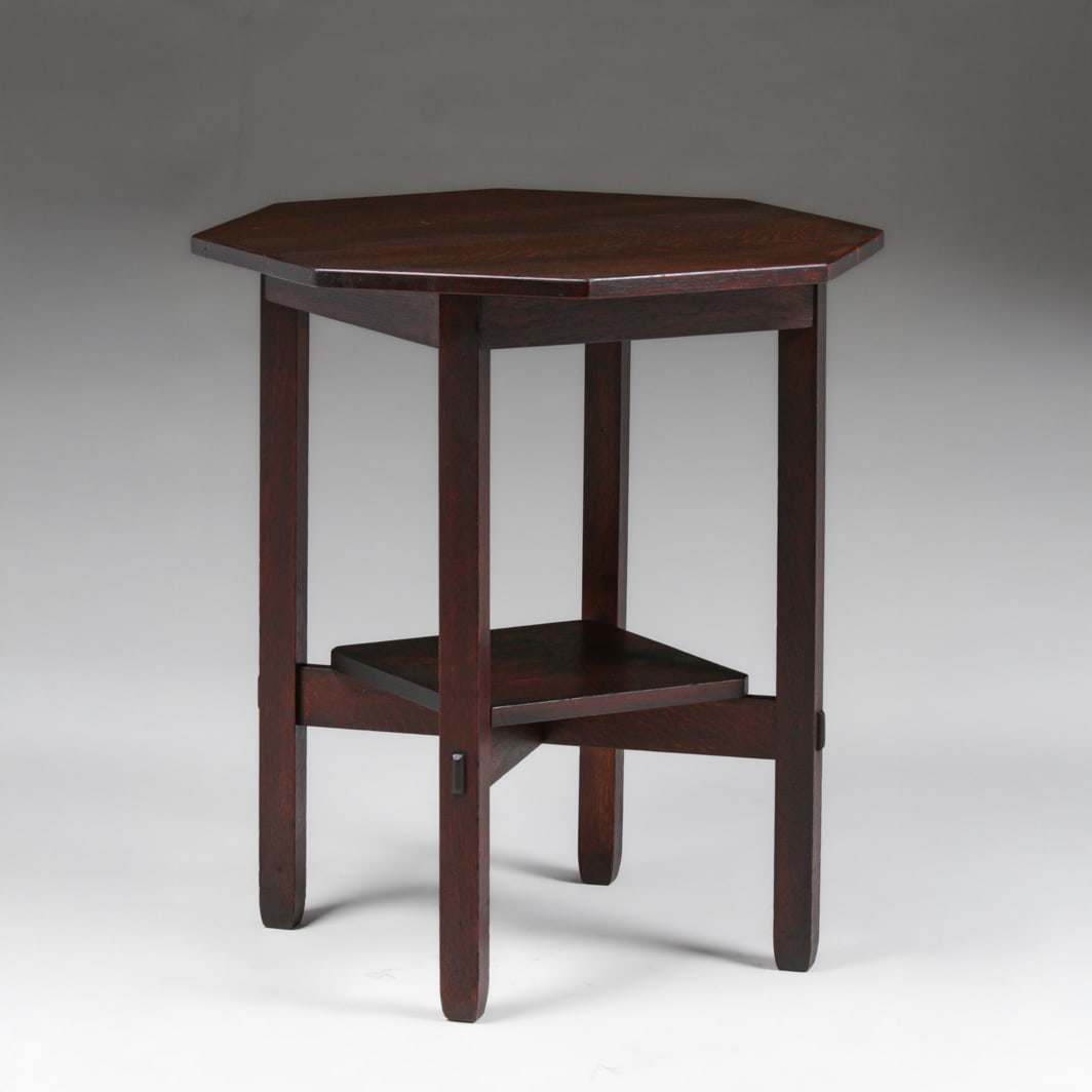 Stickley Brothers Octagonal Oak Lamp Table c1910: Stickley Brothers Octagonal Oak Lamp Table c1910. Unsigned. Very nicely refinished. Very sturdy. 29.5"h x 26"x 26" FREE NATIONWIDE SHIPPINGFree Nationwide Shipping within the lower 48 states for all