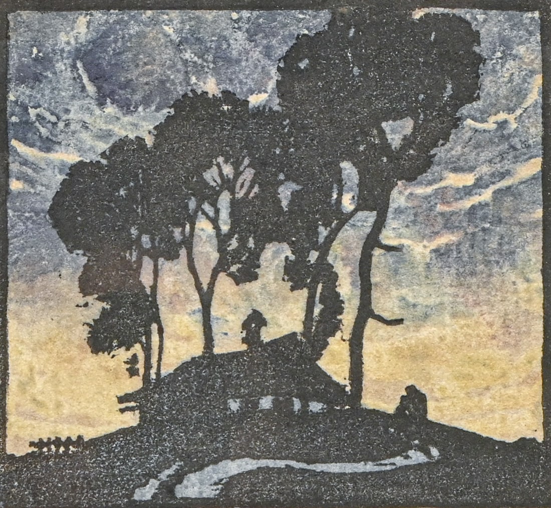 Franz Koberl (Austria 1889-1967) Color Woodcut "House and Trees, Dusk," c1920: Franz Koberl (Austria 1889-1967) Color Woodcut "House and Trees, Dusk," c1920. Signed. Excellent condition. 4.75"h x 5"w. Frame 10.5"h x 9.5"w FREE NATIONWIDE SHIPPINGFree Nationwide Shipping within