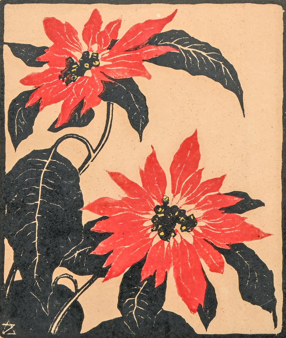 Arie Zonneveld (Dutch 1905–1941) Color Woodcut "Poinsettia" c1920s/30s: Arie Zonneveld (Dutch 1905–1941) Color Woodcut "Poinsettia" c1920s/30s. Signed. Excellent condition. 8.5"h x 7"w. Frame 13.25"h x 11.5"w FREE NATIONWIDE SHIPPINGFree Nationwide Shipping within