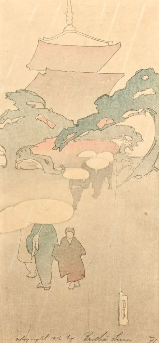 Bertha Lum (1879-1954) Color Woodcut "Temple in Rain" 1916: Bertha Lum (1879-1954) Color Woodcut "Temple in Rain" 1916. Signed. Although slightly faded, Bertha Lum used several intentional techniques to create this muted effect. She was a master of Japonisme,