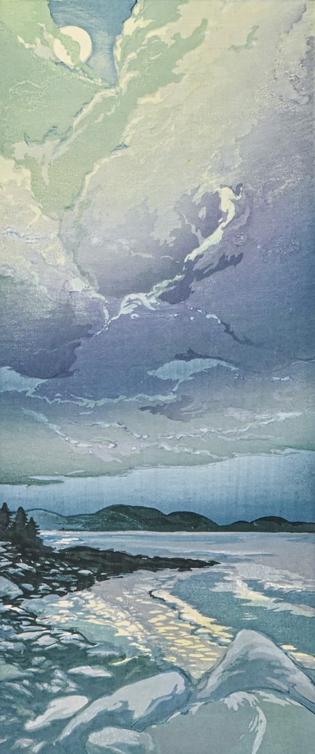 Matt Brown (Born 1958) Color Woodcut "Moon over Mt. Desert Island" 2010: Matt Brown (Born 1958) Color Woodcut "Moon over Mt. Desert Island" 2010. Matt Brown is a contemporary printmaker who has worked professionally in the traditional Japanese hanga method since 1995 and c