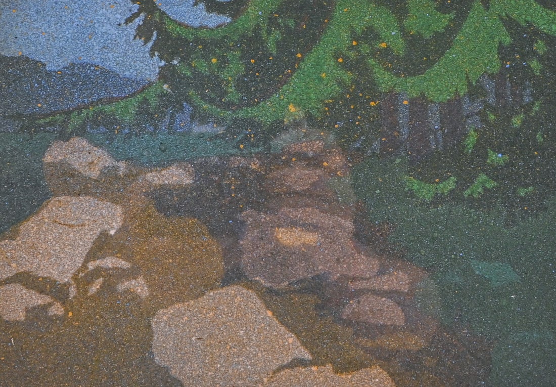 Hungarian School Color Woodcut: Pine Trees & Rocks 1908: Hungarian School Color Woodcut: Pine Trees & Rocks 1908. Signed indistincly. Excellent condition. 6"h x 8 3/8"w. Frame 15 3/8"h x 18.5"w FREE NATIONWIDE SHIPPINGFree Nationwide Shipping within