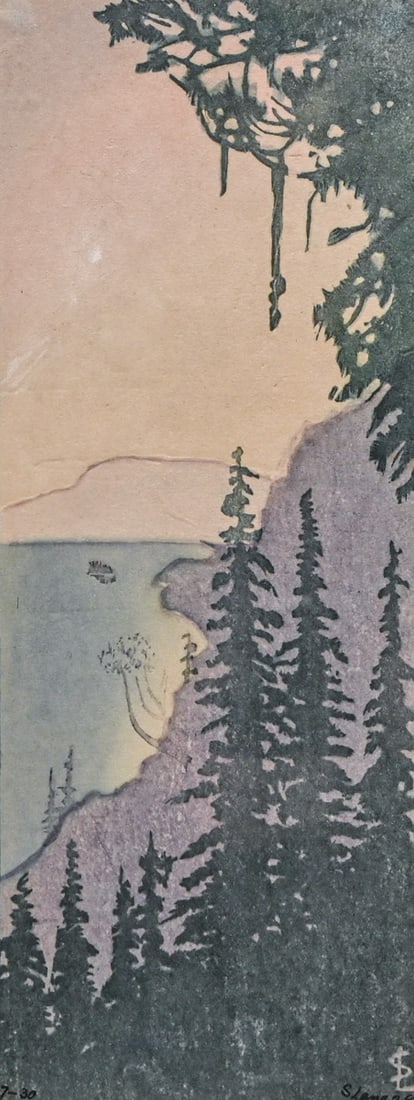 Samuel Bryant Lang - S. Lang Studios, Santa Barbara Color Woodcut: California Mountain Landscape: Samuel Bryant Lang - S. Lang Studios, Santa Barbara Color Woodcut: California Mountain Landscape 1928. Lang was a student of Frank Morley Fletcher, who was the Director of the Santa Barbara School