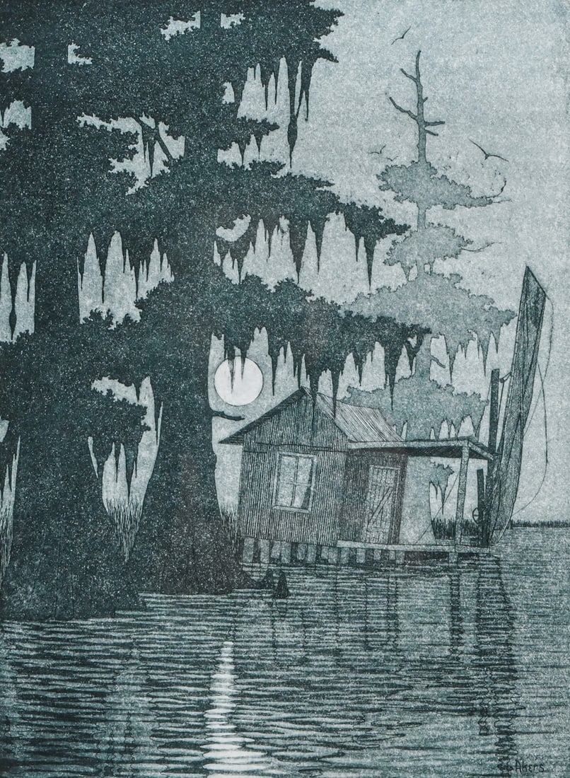 John Akers (1944-2006) Louisiana Hand Colored Etching "Moonscape V" c1990s: John Akers (1944-2006) Louisiana Hand Colored Etching "Moonscape V" c1990s. Signed. Excellent condition. 12.5"h x 9.25"w. Frame 18.75"h x 15.5"w FREE NATIONWIDE SHIPPING Free Nationwide Shipping withi