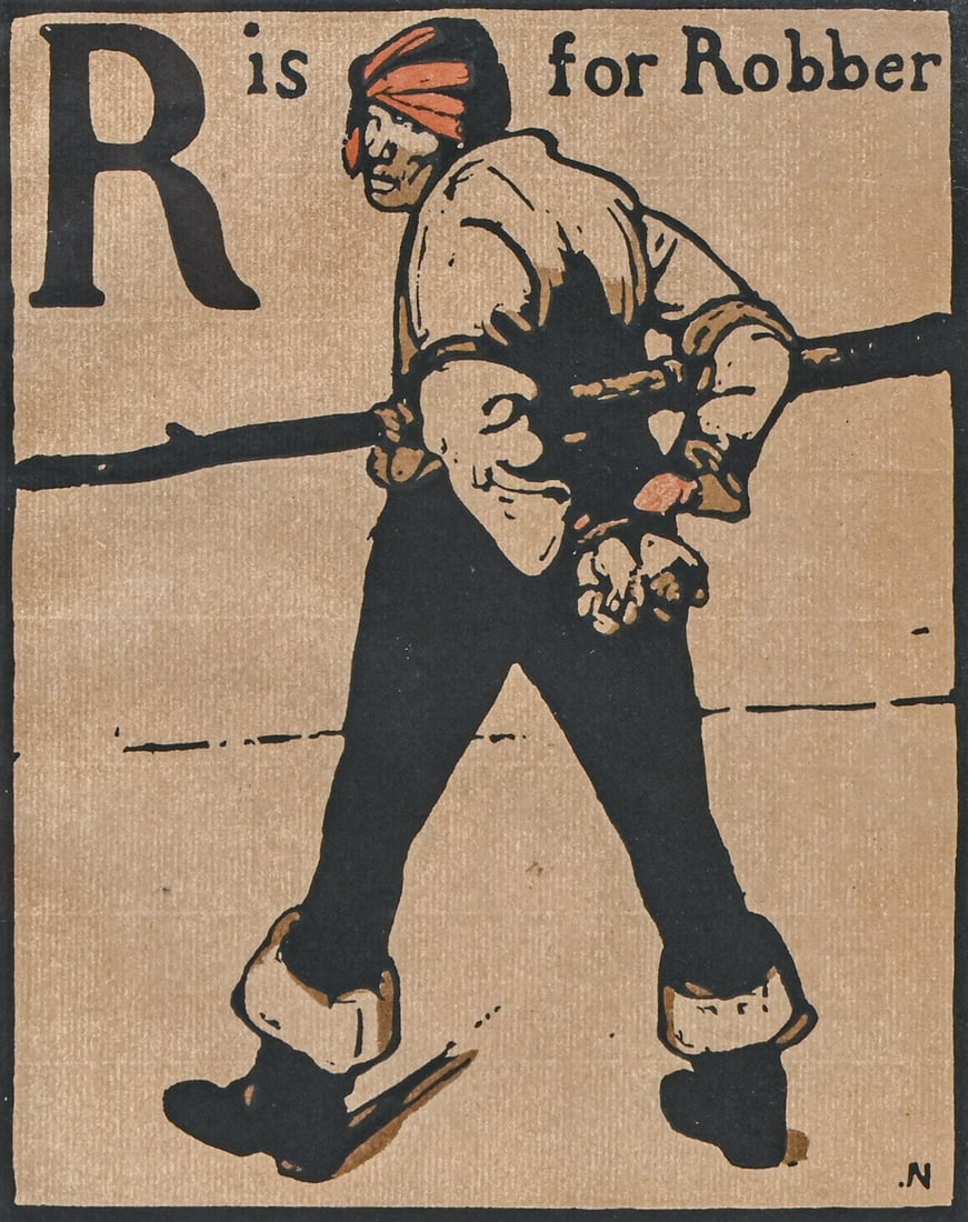 Sir William Nicholson (British 1872-1949) Hand-Colored Woodcut "R is for Robber" 1898: Sir William Nicholson (British 1872-1949) Hand-Colored Woodcut "R is for Robber" 1898. From the An Alphabet series published in 1898. Signed in print "N". Excellent condition. 10.75"h x 8.75"w. Frame