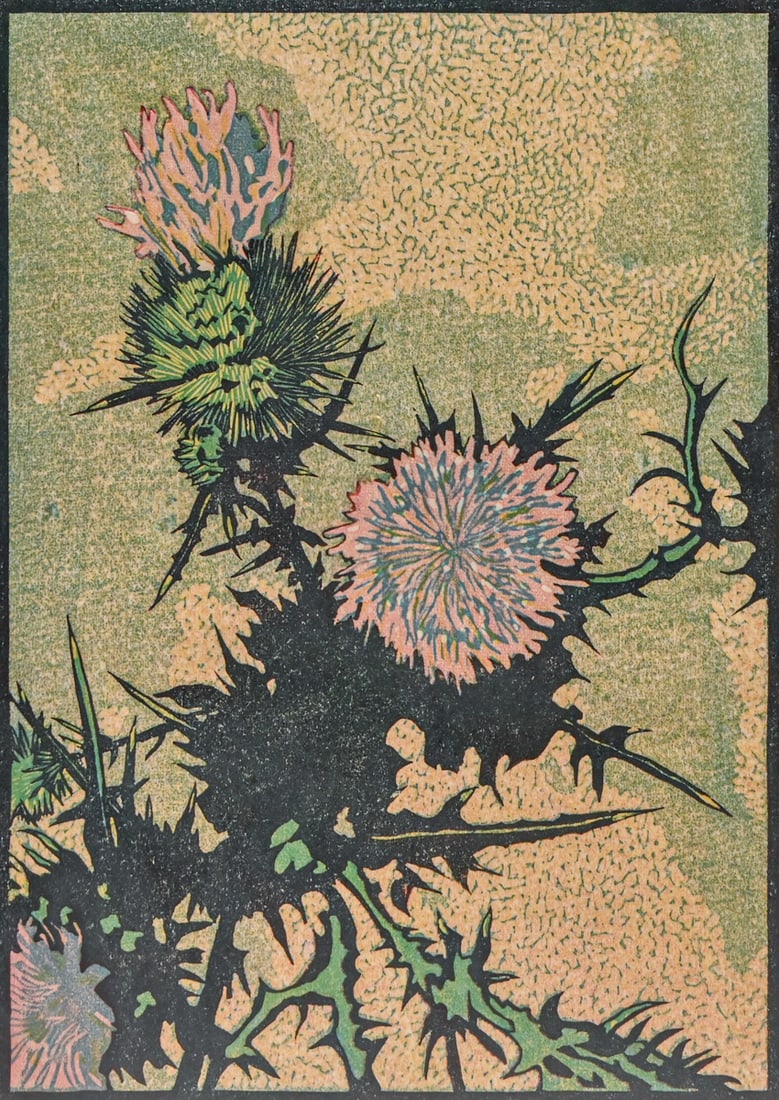 Bernice Fenwick Martin (Canadian 1902-1999) Color Woodcut "Scotsman's Delight" c1930s: Bernice Fenwick Martin (Canadian 1902-1999) Color Woodcut "Scotsman's Delight" c1930s. The title is a playful reference to the thistle, which is the national emblem of Scotland. The artwork