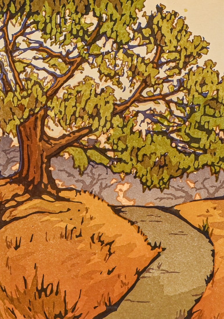 Yoshiko Yamamoto (Japanese/American, Born 1973) Color Woodcut "Evening Oak" c2000s: Yoshiko Yamamoto (Japanese/American, Born 1973) Color Woodcut "Evening Oak" c2000s. Signed. Scratches to frame, otherwise excellent condition. 11"h x 7 7/8"w. Frame 18"h x 13 7/8"w FREE NATIONWIDE SHI