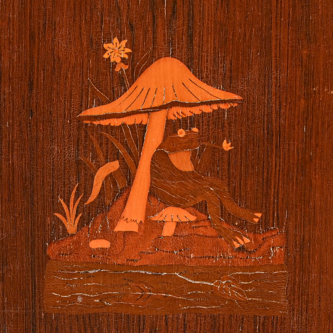 Arts & Crafts Period Marquetry Inlay Mushroom & Frog Panel c1910s: Arts & Crafts Period Marquetry Inlay Mushroom & Frog Panel c1910s. Unsigned. Some light scratchesd to frame otherwise excellent condition. Frame 18.25"h x 17.75"w FREE NATIONWIDE SHIPPINGFree