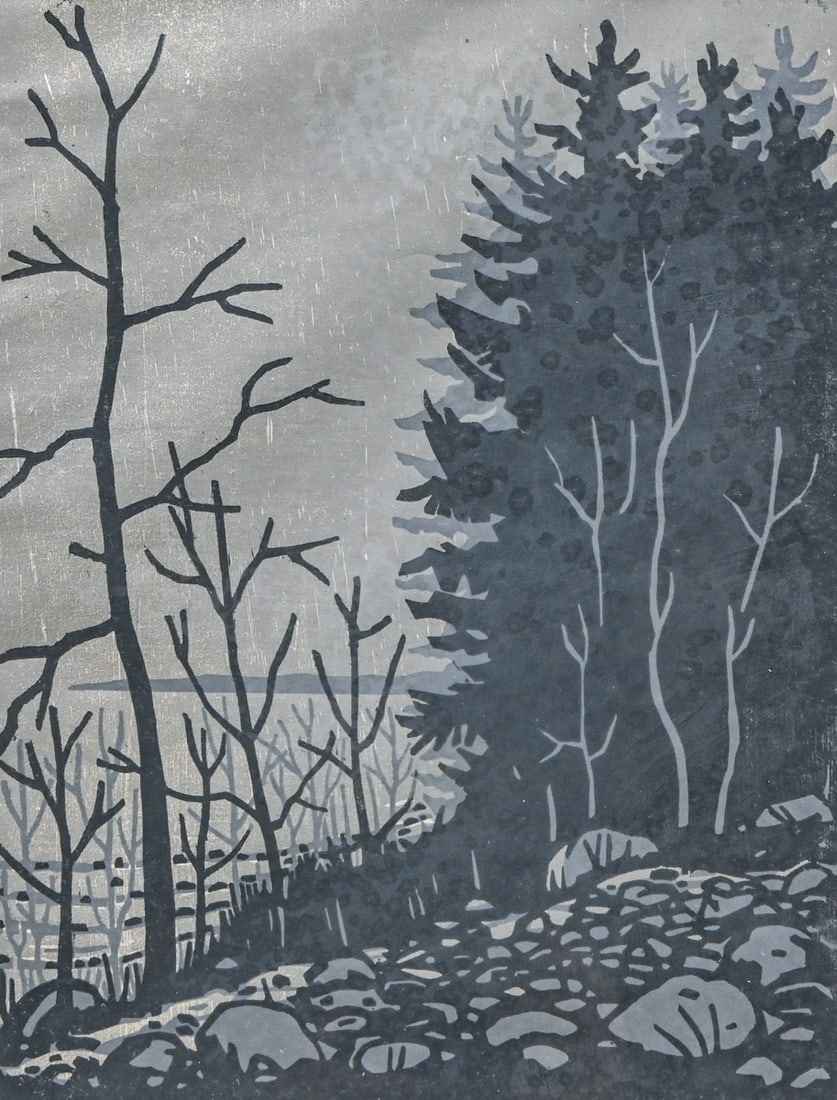 Harry Greaver (1929-2022) Color Woodcut "Fog" 1968: Harry Greaver (1929-2022) Color Woodcut "Fog" 1968. He served as the Director of the Kalamazoo Institute of Arts (1966–1978) before moving to Cannon Beach, Oregon. Signed. Slight cockling to