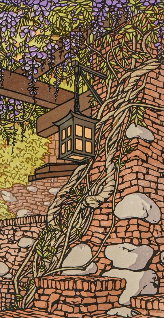 Yoshiko Yamamoto (Japanese/American, Born 1973) Color Woodcut "Wisteria Pergola" c2000s: Yoshiko Yamamoto (Japanese/American, Born 1973) Color Woodcut "Wisteria Pergola" c2000s. Signed. Excellent condition. 15 1/8"h x 8"w. Frame 21.5"h x 15.5"w FREE NATIONWIDE SHIPPINGFree Nationwide