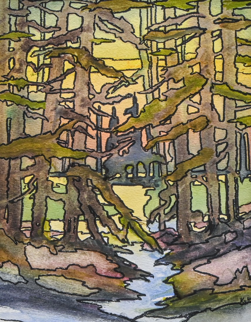 Arts & Crafts Pine Tree Watercolor Signed Kuhn: Arts & Crafts Pine Tree Watercolor Signed Kuhn. Age unknown. Not examined out of frame. 11 1/8"h x 8 5/8"w. Frame 19"h x 16.5"w FREE NATIONWIDE SHIPPINGFree Nationwide Shipping within the lower