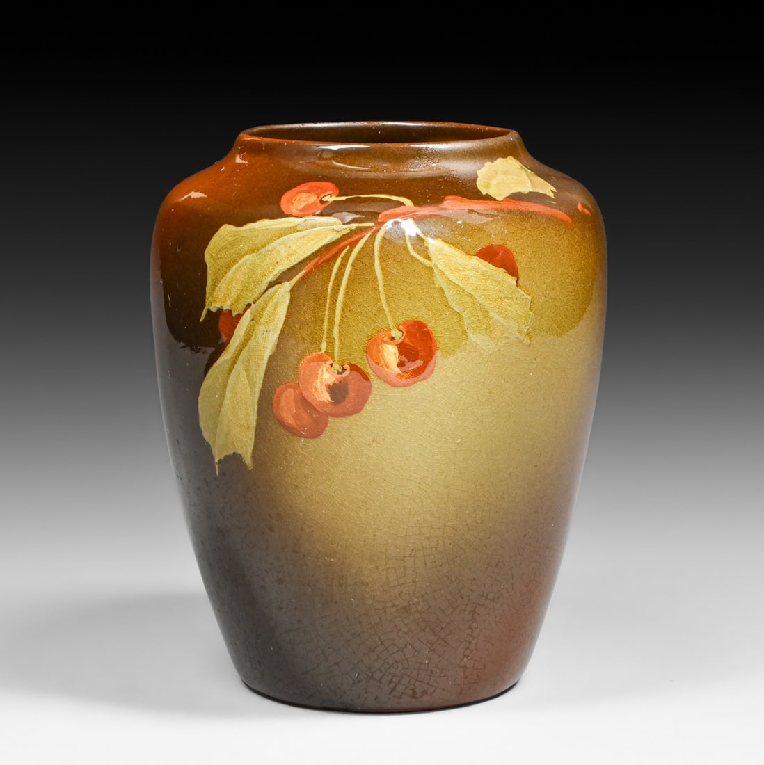 Owens Utopia Standard Glaze Cherries Vase c1890s: Owens Utopia Standard Glaze Cherries Vase c1890s. Signed. Perfect condition. 8"h x 6"d FREE NATIONWIDE SHIPPING Free Nationwide Shipping within the lower 48 states for all purchases at our Two-Day Auc