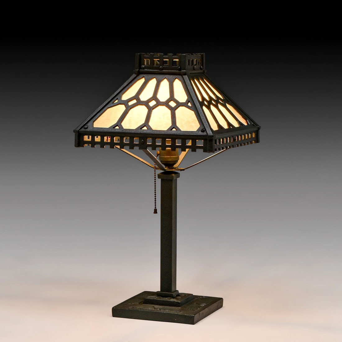American Arts & Crafts Cast Iron & Slag Glass Lamp c1910 (1 of 4)