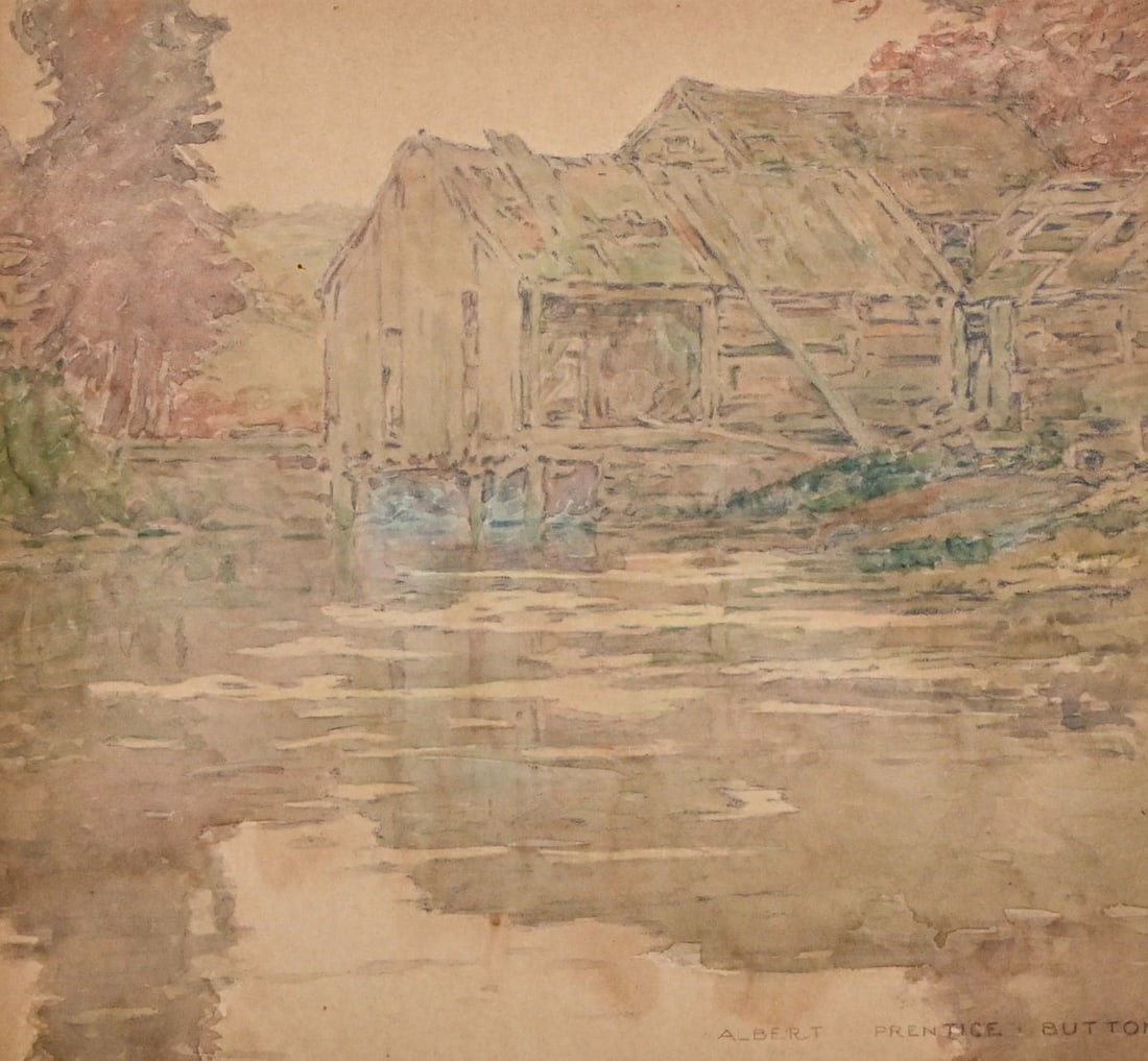 Albert Prentice Button (1872-1934) Watercolor: Tonalist Mill at Twilight c1900s: Albert Prentice Button (1872-1934) Watercolor: Tonalist Mill at Twilight c1900s. Signed. Slightly faded, otherwise excellent condition. Boston-based painter Albert Prentice Button was celebrated for h