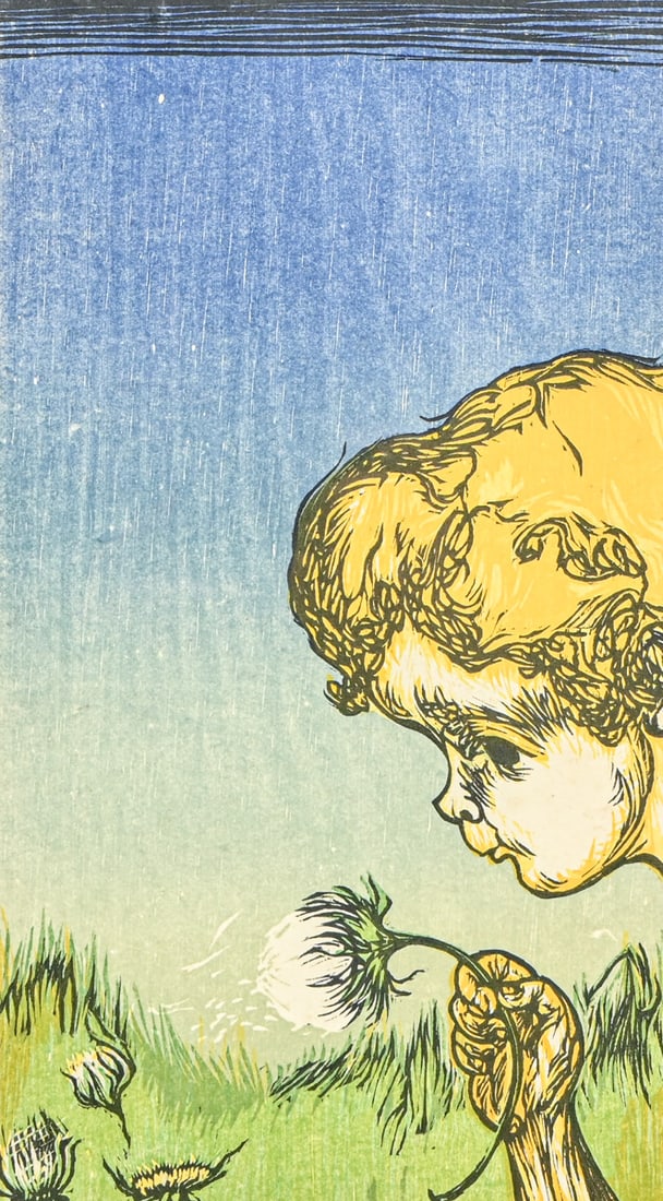 Mervin Jules (1912–1994) Color Woodcut "Child Blowing Dandelion" c1950s/60s: Mervin Jules (1912–1994) Color Woodcut "Child Blowing Dandelion" c1950s/60s. Jules was an art professor at Smith College in Northhamton, MA from 1946-1969. Signed. Excellent condition. 14"h x 8"w.
