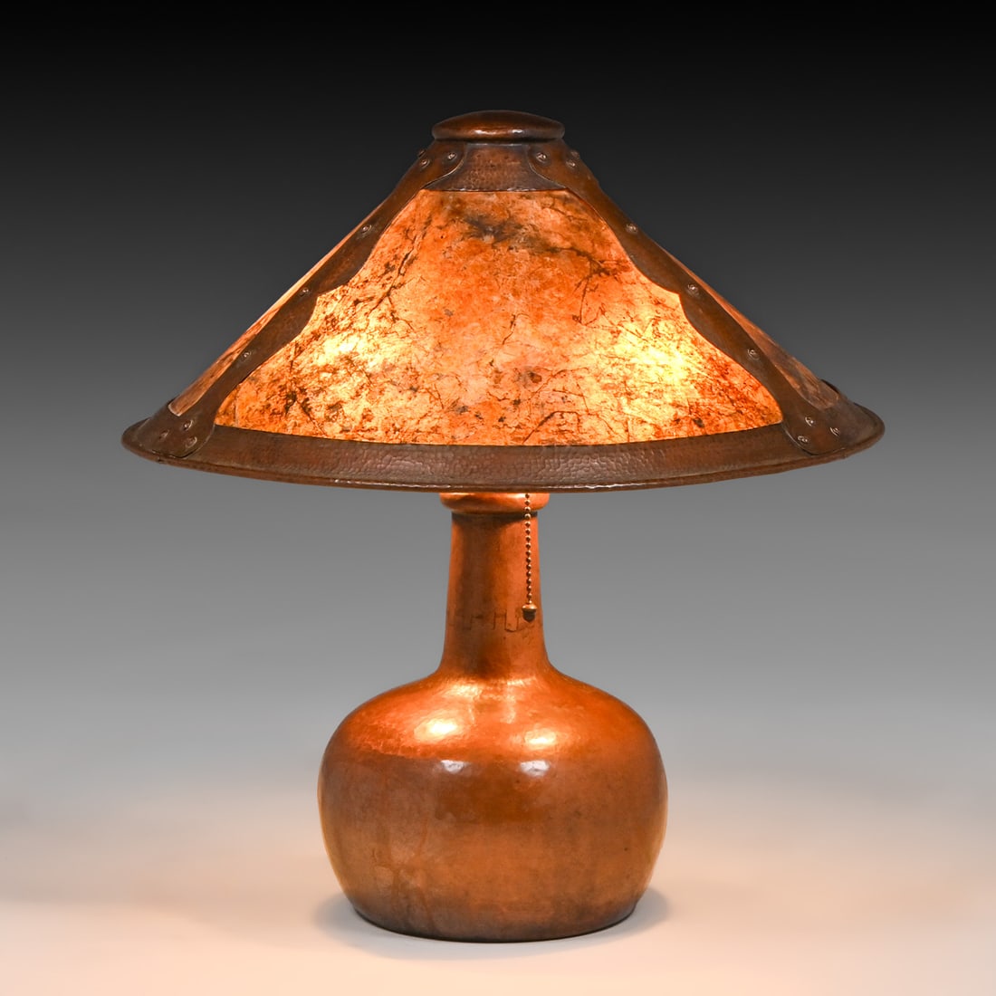 Limbert Hammered Copper & Mica Lamp c1910: Limbert Hammered Copper & Mica Lamp c1910. Unsigned. Excellent original patina and original mica. 19"h x 17.5"d FREE NATIONWIDE SHIPPINGFree Nationwide Shipping within the lower 48 states for all