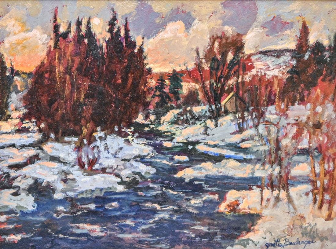 Yvette Boulanger (Canadian 1932-2015) Quebec Painting "Rivière des Hurons, Stoneham" 2003: Yvette Boulanger (Canadian 1932-2015) Quebec Painting "Rivière des Hurons, Stoneham" 2003. Oil painting on board. Signed. Excellent condition. 12"h x 16"w. Frame 20"h x 24"w FREE NATIONWIDE SHIPPING
