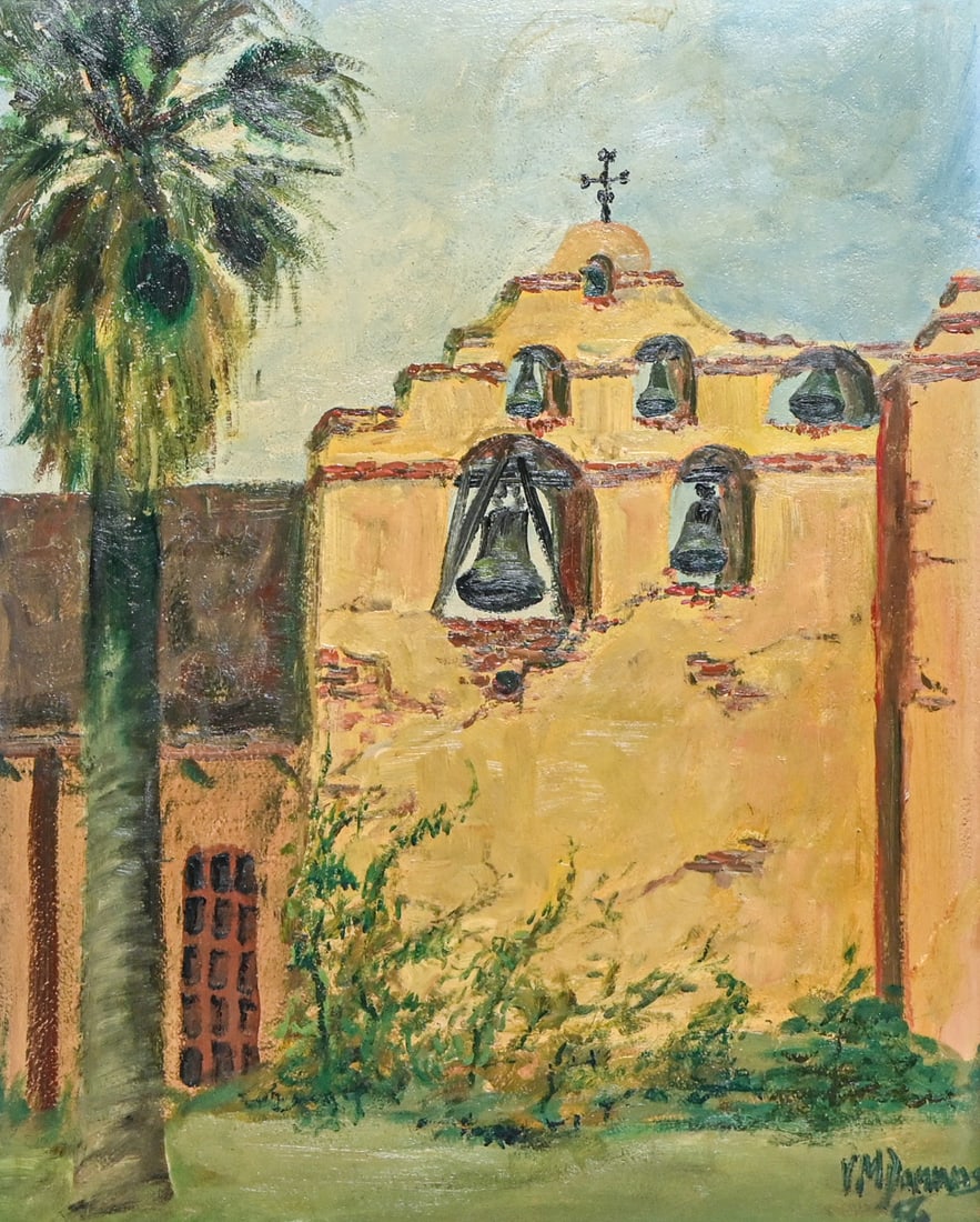 San Gabriel Mission California Painting 1956: San Gabriel Mission California Painting 1956. Signed "V.M. Dammas". Excellent condition. 20"h x 16"w. Frame 28.5"h x 24.5"w FREE NATIONWIDE SHIPPINGFree Nationwide Shipping within the lower 48