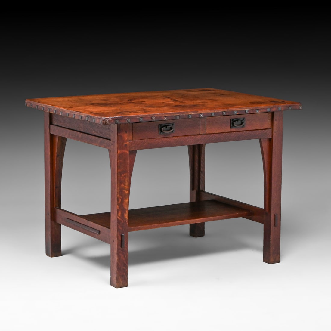 Gustav Stickley #615 Two-Drawer Leather-Top Library Table c1905: Gustav Stickley #615 Two-Drawer Leather-Top Library Table c1905. Signed. Excellent original finish and original leather. 42.5"w x 30"d x 30"h FREE NATIONWIDE SHIPPING Free Nationwide Shipping within t